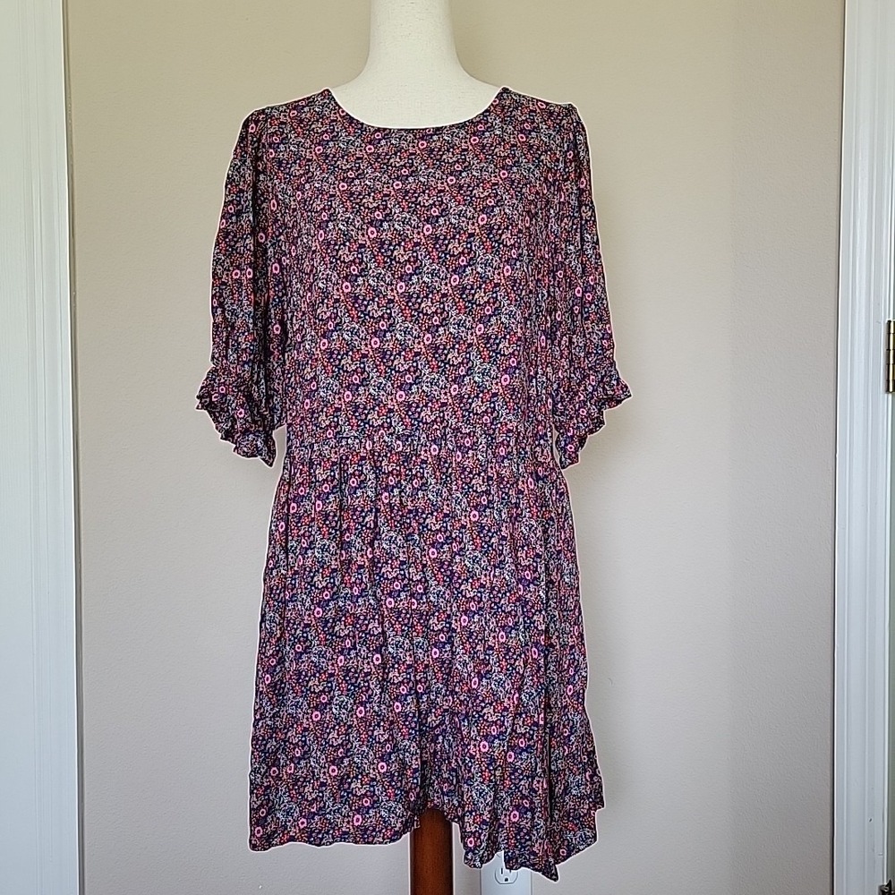 Natural Life Pink Ditsy Floral Mini Dress Womens Sz XS S Drop Waist Boho Hippie